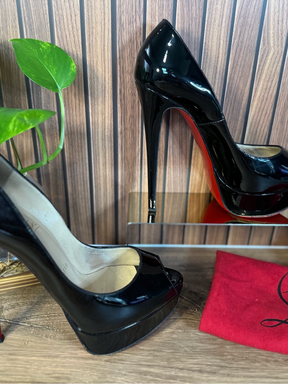 Christian Louboutin Black Patent Peep-Toe Red Bottom Platform Pumps, Size 36 - Picture 8 of 16